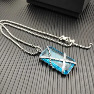 Blue Silver Faceted Rectangular Stone Twisted Rope Wire Wrap Necklace