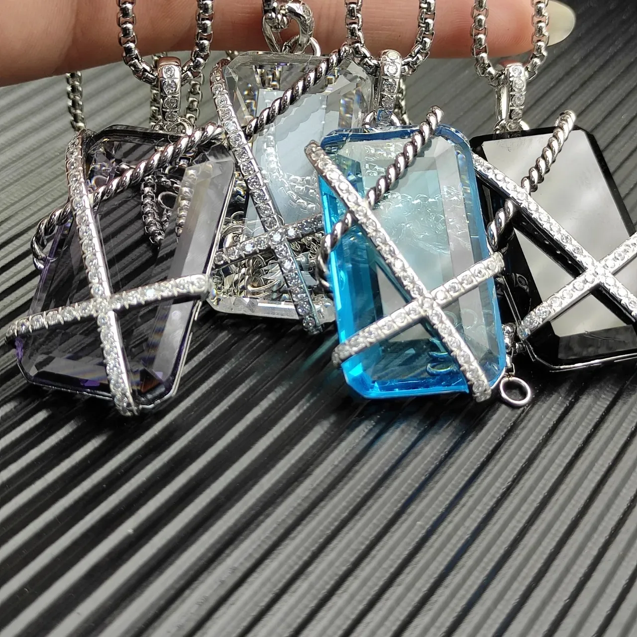 Blue Silver Faceted Rectangular Stone Twisted Rope Wire Wrap Necklace 4