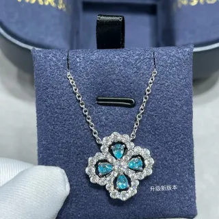 Blue Silver Floral Quatrefoil Pendant Pavé-Set Clear Stones Necklace