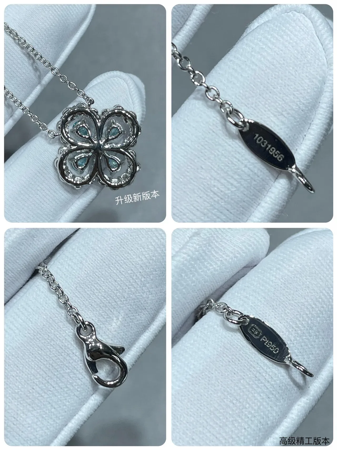 Blue Silver Floral Quatrefoil Pendant Pavé-Set Clear Stones Necklace 2