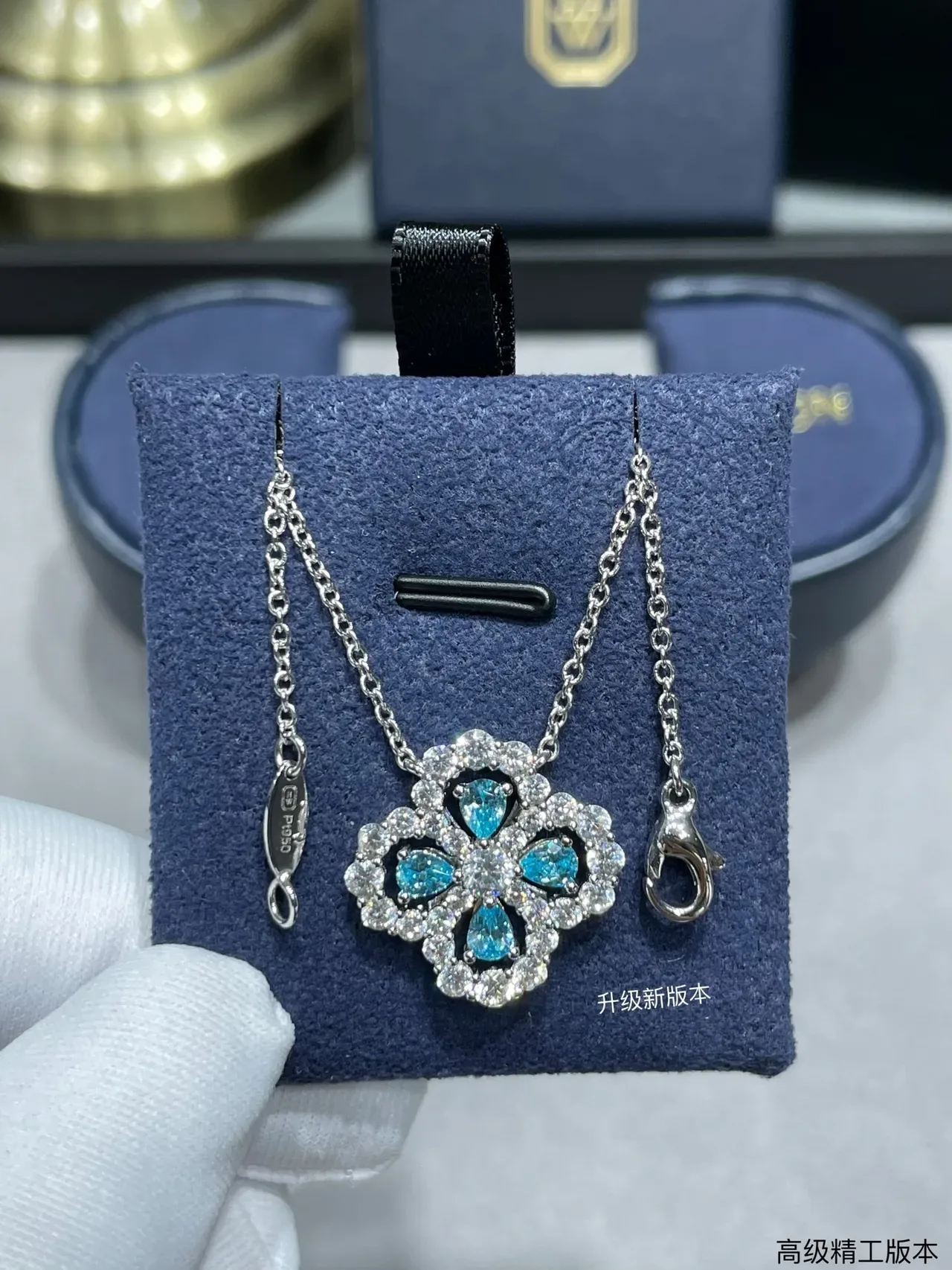 Blue Silver Floral Quatrefoil Pendant Pavé-Set Clear Stones Necklace 3