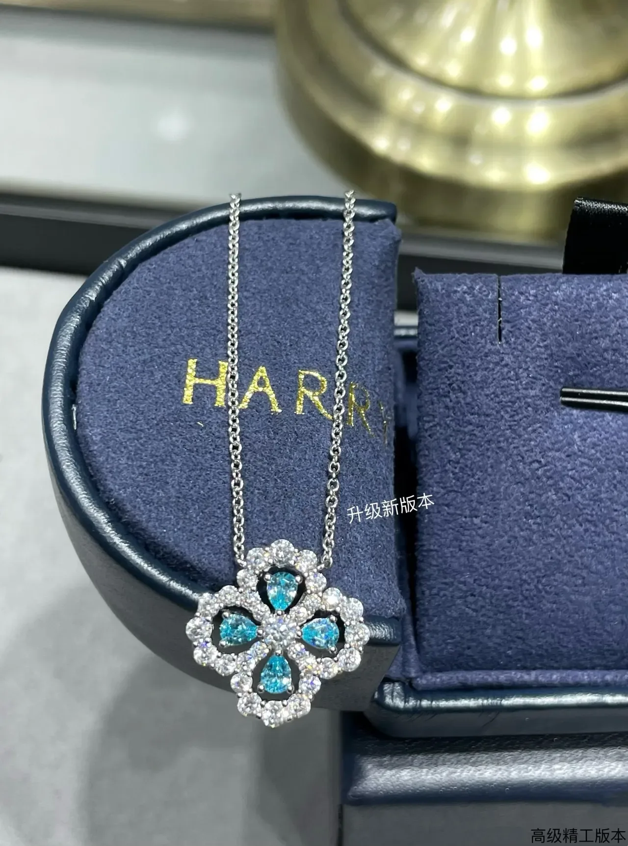 Blue Silver Floral Quatrefoil Pendant Pavé-Set Clear Stones Necklace 4