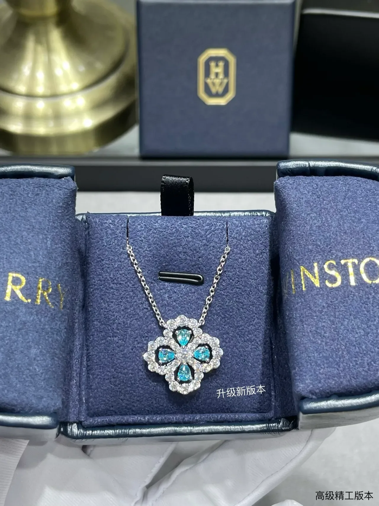 Blue Silver Floral Quatrefoil Pendant Pavé-Set Clear Stones Necklace 5