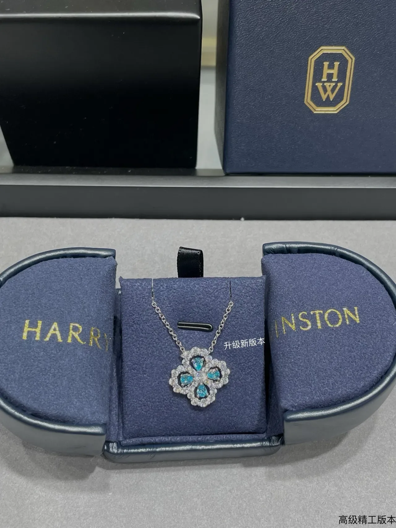 Blue Silver Floral Quatrefoil Pendant Pavé-Set Clear Stones Necklace 6