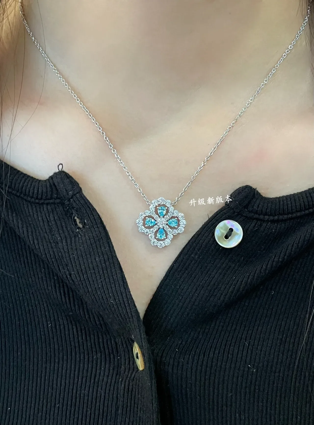 Blue Silver Floral Quatrefoil Pendant Pavé-Set Clear Stones Necklace 8