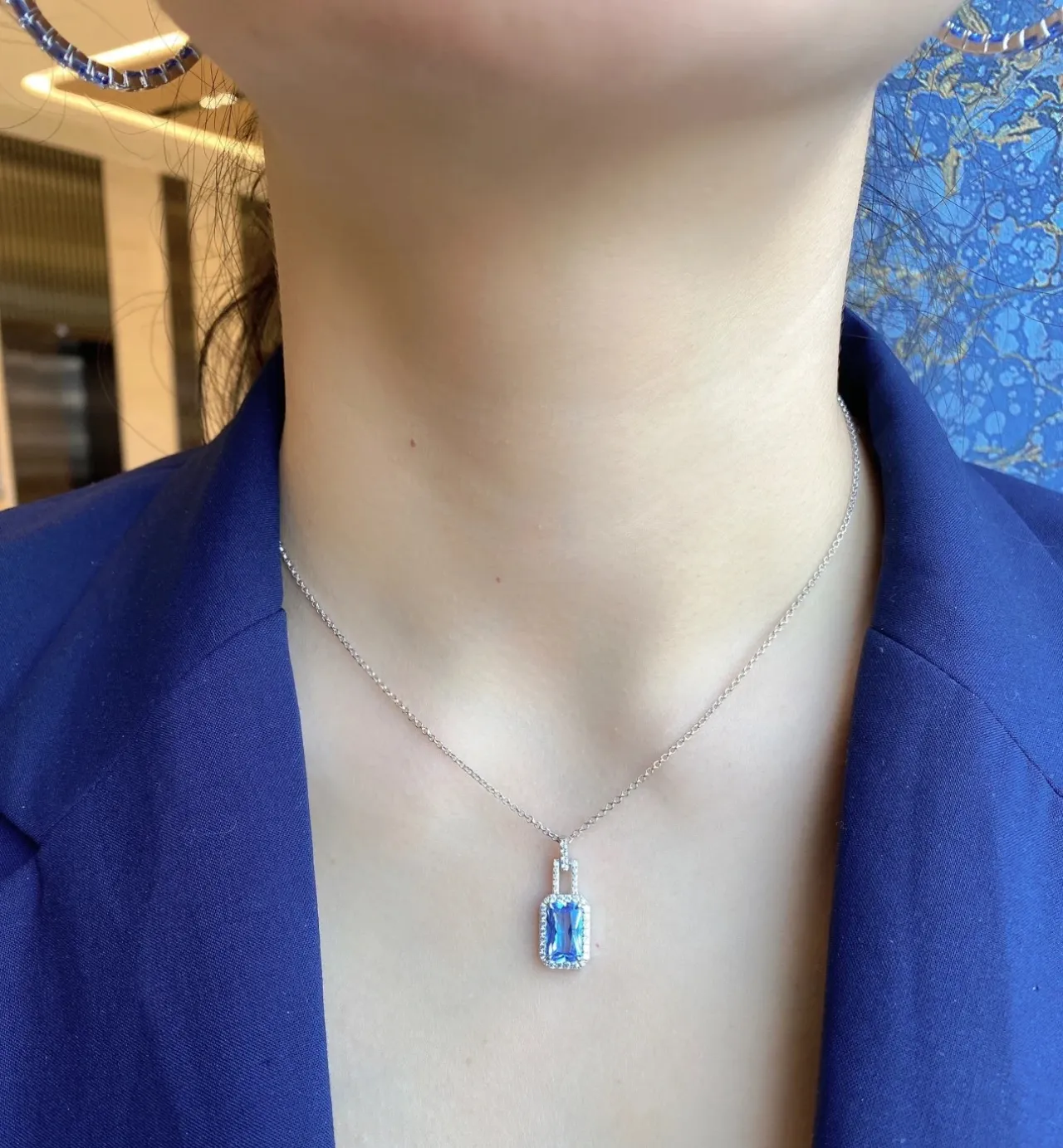 Blue Silver Rectangular Emerald-Cut Stone Pavé Halo Setting Necklace 3