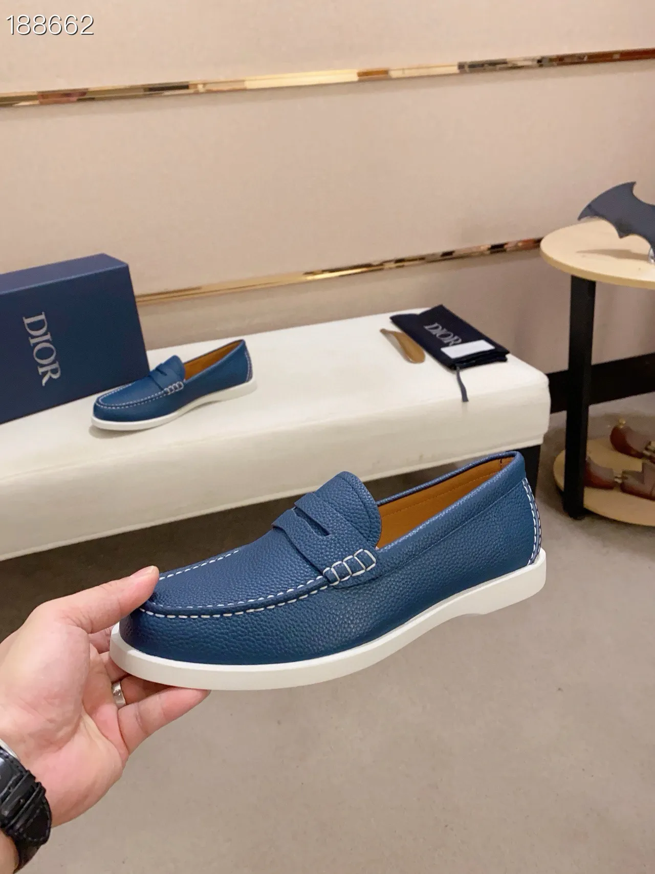 Blue White Pebbled Leather Upper Penny Strap Loafer 6