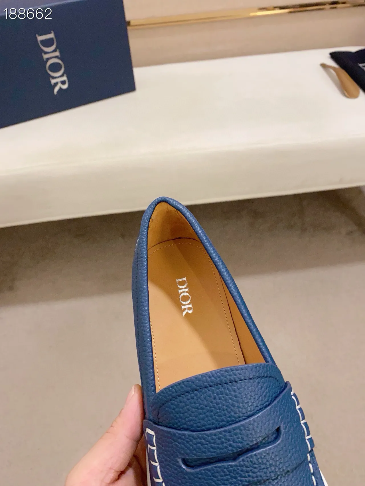 Blue White Pebbled Leather Upper Penny Strap Loafer 7