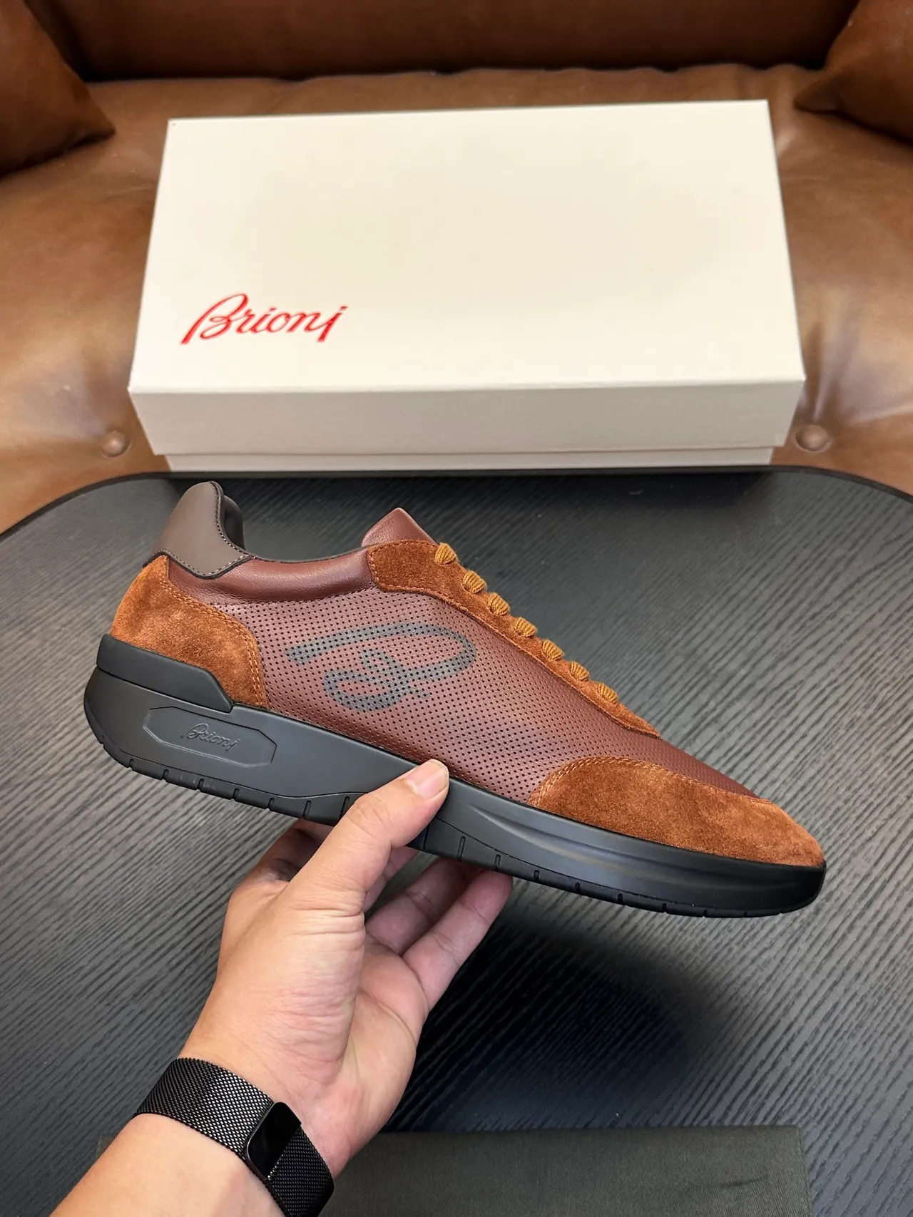 Brioni Brown Suede and Perforated Leather Lace-Up Casual Shoe 2