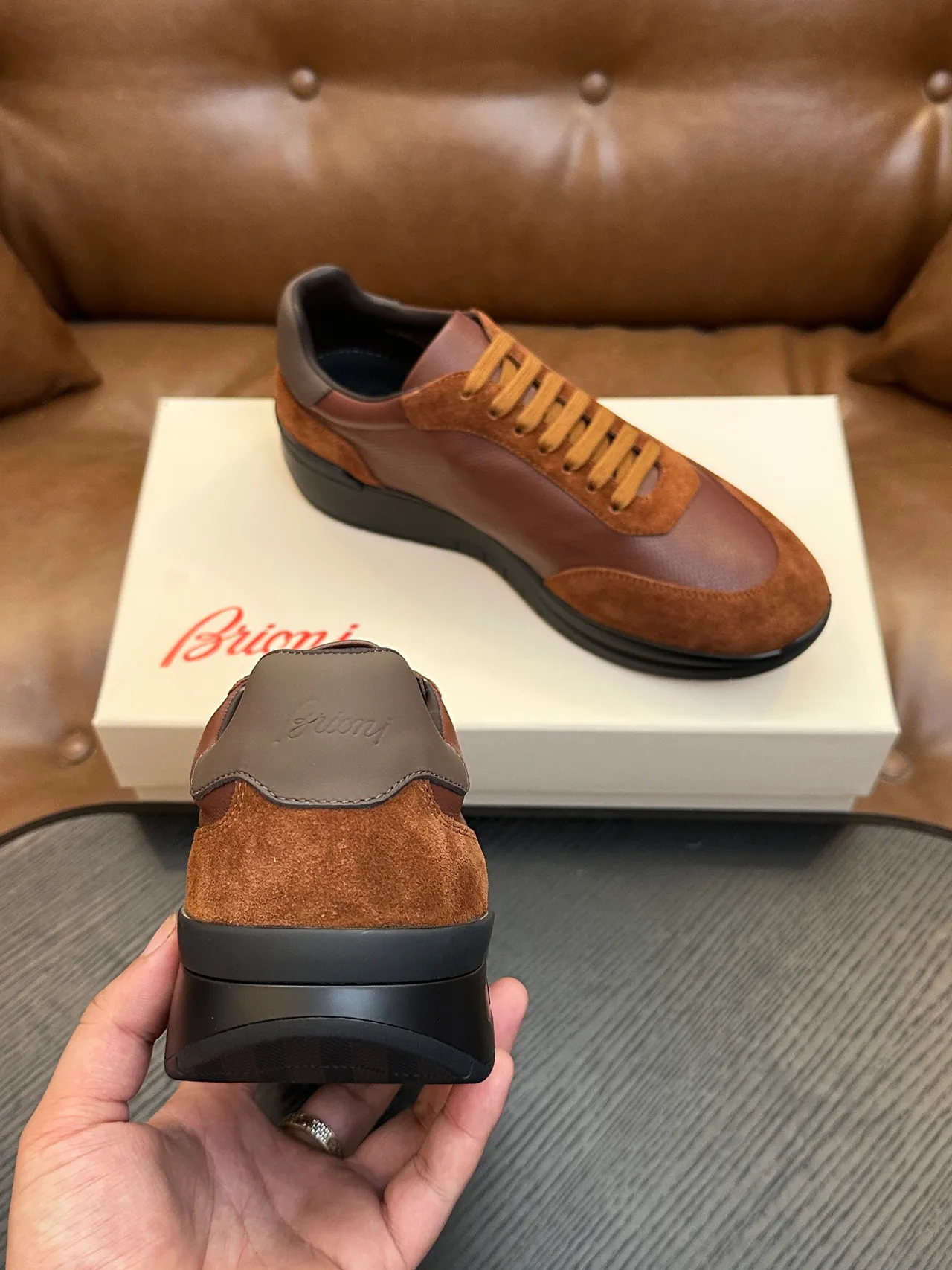Brioni Brown Suede and Perforated Leather Lace-Up Casual Shoe 8