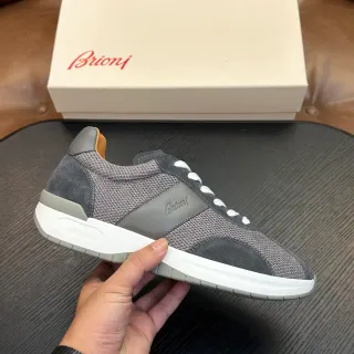 Brioni حذاء أسلوب الحياة رمادي أبيض شبكي وديم هجين علوة منقوش سكريبت العلامة