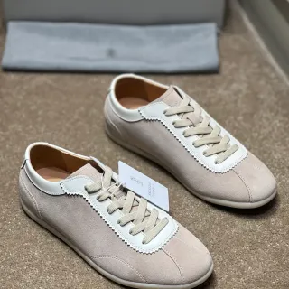 Brunello Cucinelli Beige White Suede Upper Scalloped Leather Trim Lifestyle Sneakers