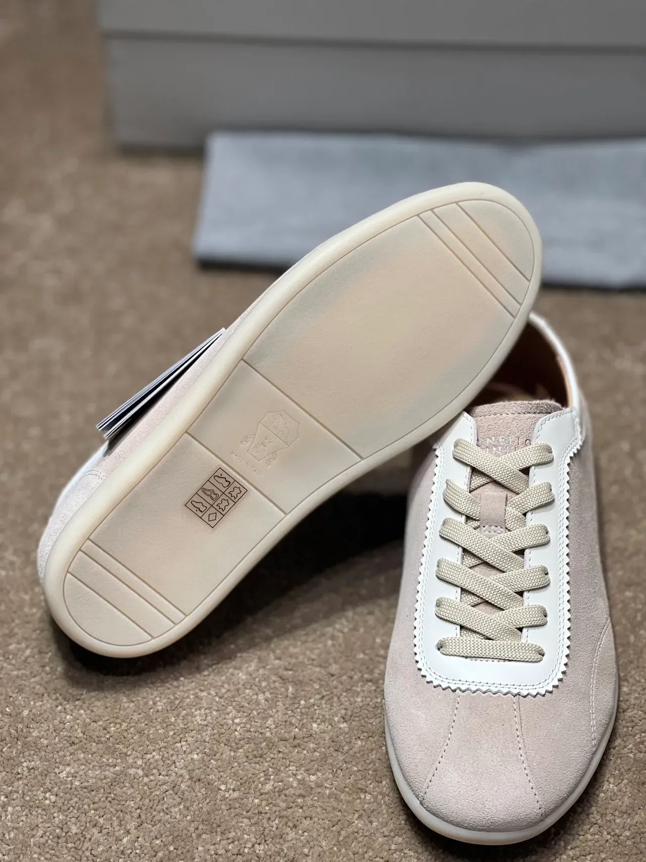 Brunello Cucinelli Beige White Suede Upper Scalloped Leather Trim Lifestyle Sneakers 2