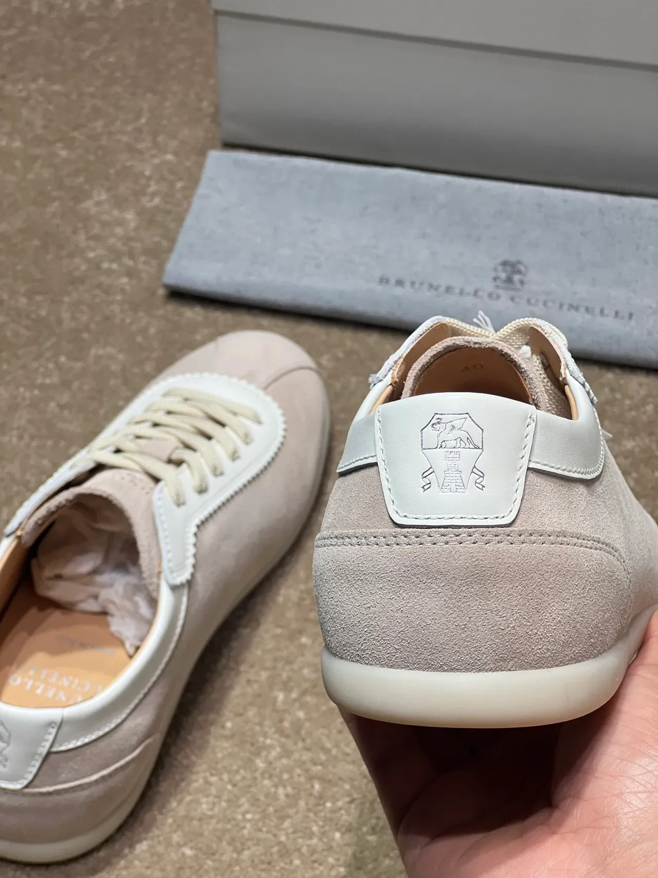 Brunello Cucinelli Beige White Suede Upper Scalloped Leather Trim Lifestyle Sneakers 3