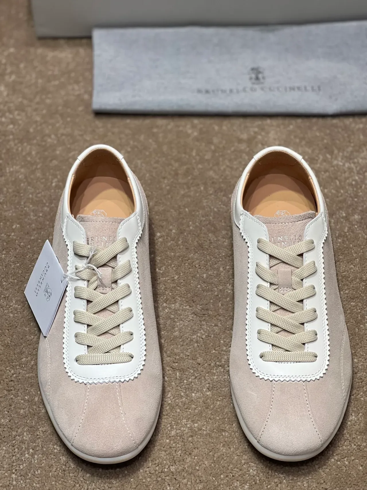 Brunello Cucinelli Beige White Suede Upper Scalloped Leather Trim Lifestyle Sneakers 5