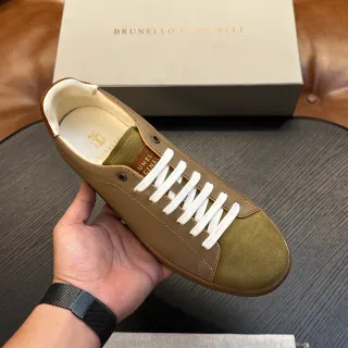 Brunello Cucinelli بني أخضر ثنائي اللون جلد مخمل أبيض أربطة حذاء كاجوال