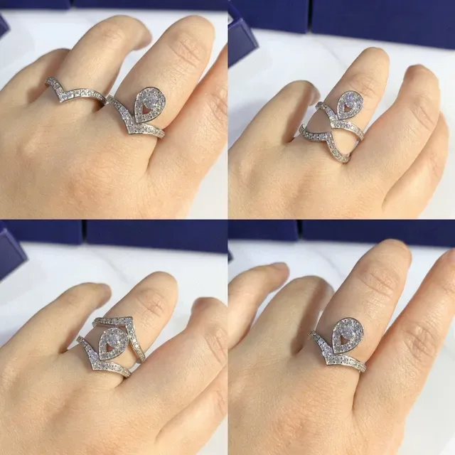 CHAUMET White Silver Teardrop Halo Double V-Band Ring 7