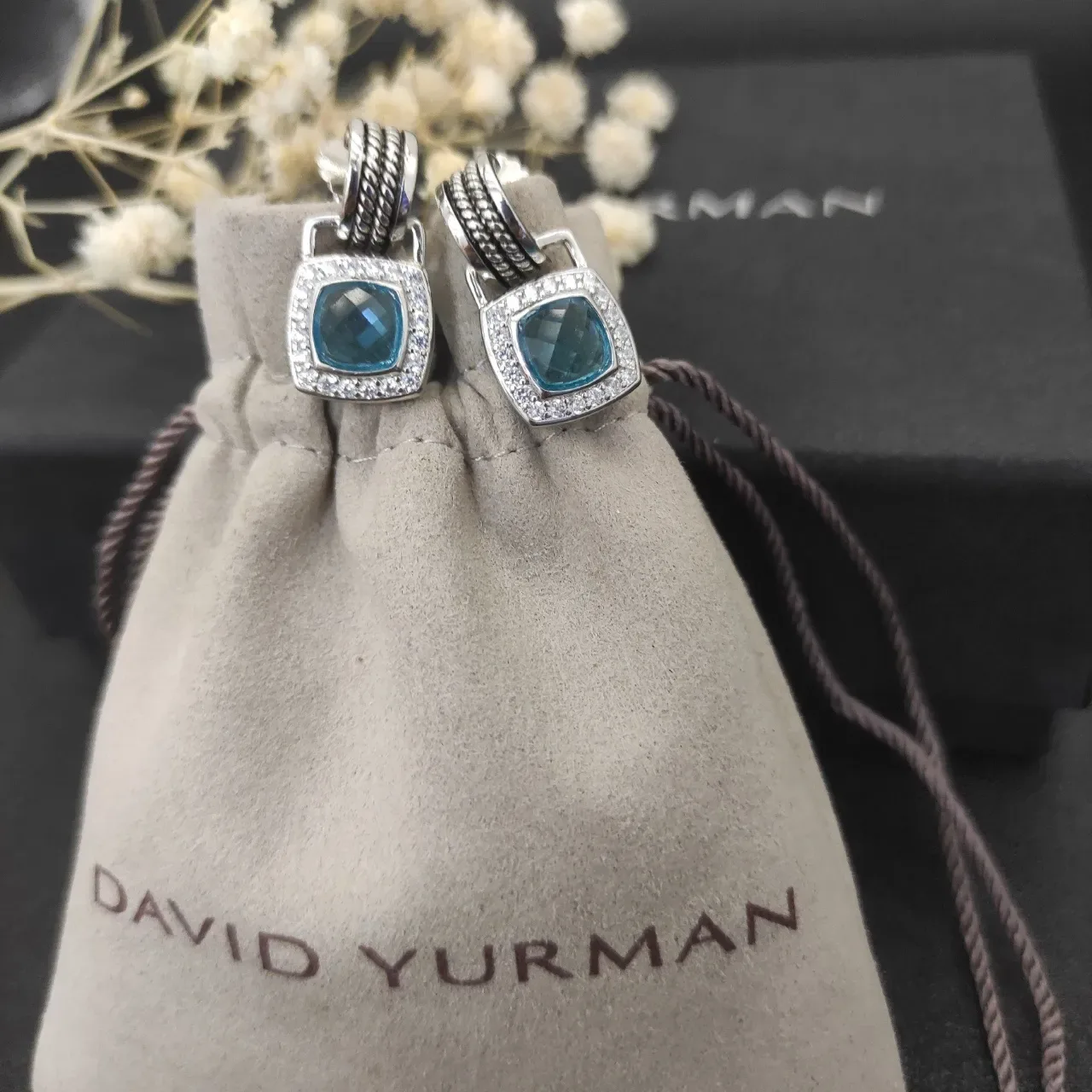 David Yurman Cable Classics Cushion-Cut Blue Gemstone Pavé Halo Earrings 4
