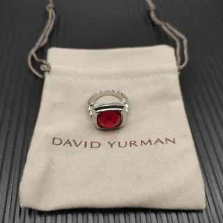 David Yurman Red Silver Twisted Cable Band Rectangular Bezel-Set Gemstone Ring