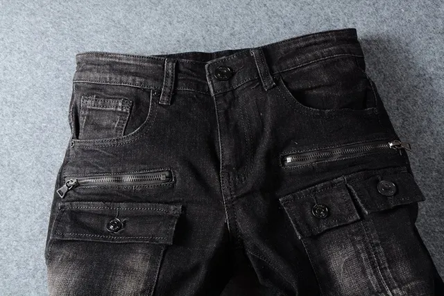 Distressed Black Cargo-Pocket Slim-Fit Jeans 2