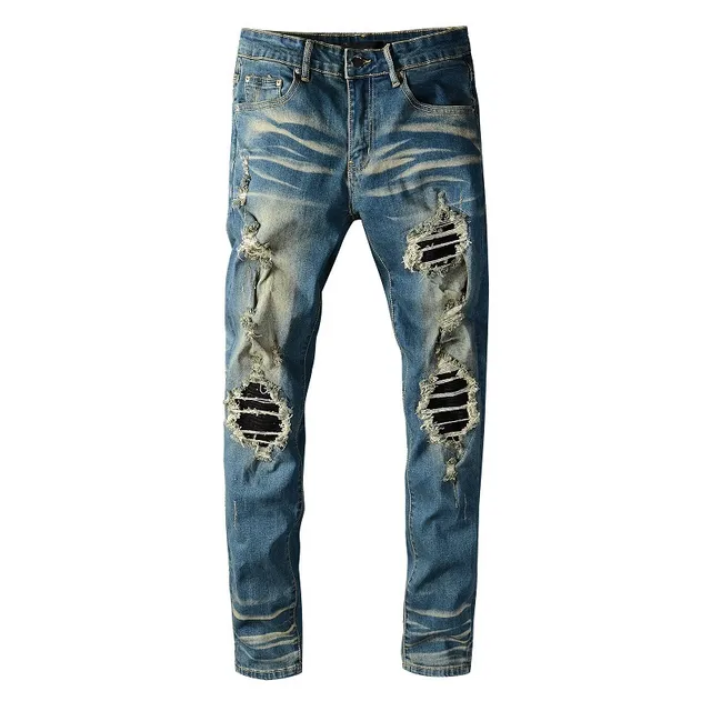 Jeans bleus slim-fit déchirés décolorés 11