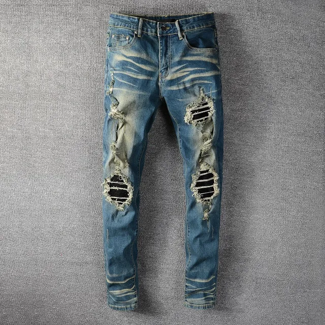 Jeans bleus slim-fit déchirés décolorés 12