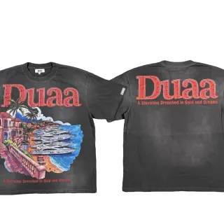 DUAA تيشيرت أوفرسايز أسود مغسول بطباعة جرافيك مزدوج الوجه