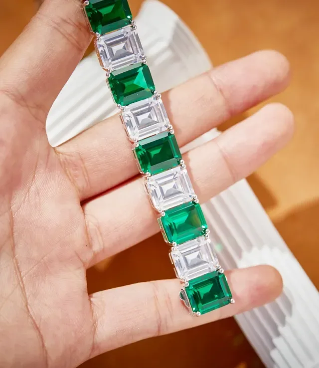 Emerald and Clear Rectangular Stone Channel-Set Bracelet 4