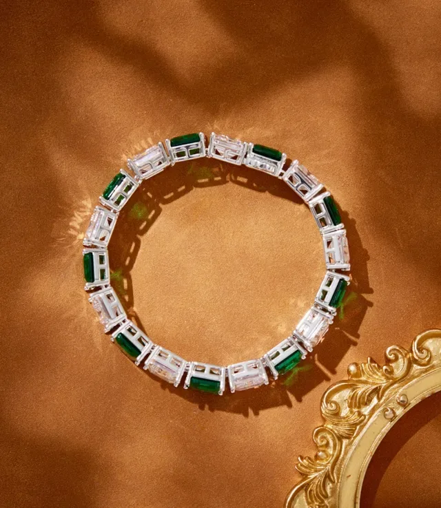 Emerald and Clear Rectangular Stone Channel-Set Bracelet 7