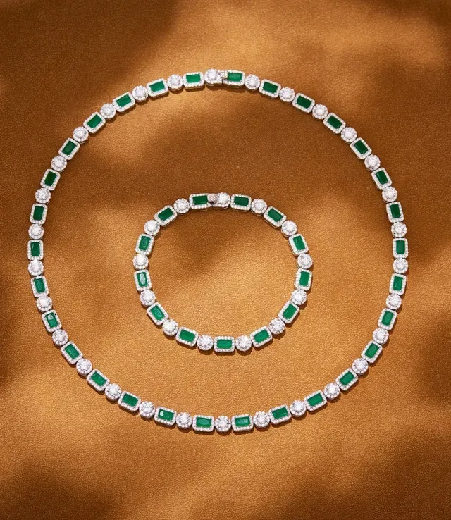 Emerald-Cut Green and White Gemstone Alternating Necklace 3