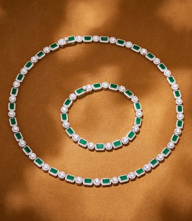 Emerald-Cut Green and White Gemstone Alternating Necklace 8