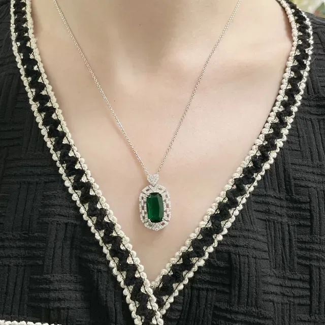 Emerald-Cut Green Gemstone Pavé Halo Pendant Necklace 8