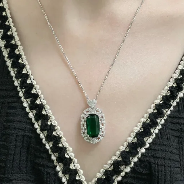 Emerald-Cut Green Gemstone Pavé Halo Pendant Necklace 9