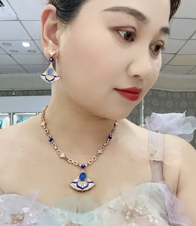 Fan-Shaped Enamel and Pavé Blue Stone Earrings 8