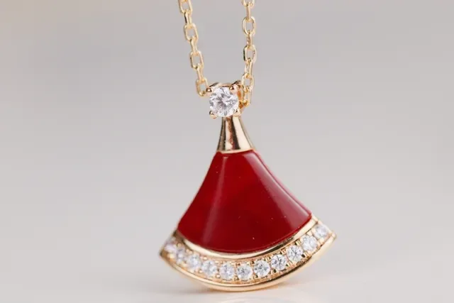 Fan-Shaped Red Enamel and Pavé Stone Pendant Necklace 3