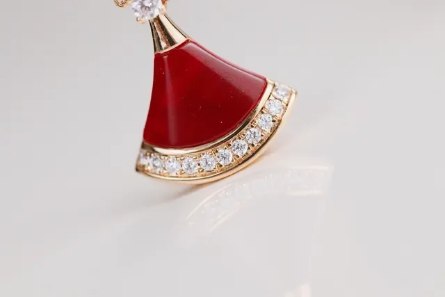 Fan-Shaped Red Enamel and Pavé Stone Pendant Necklace 4