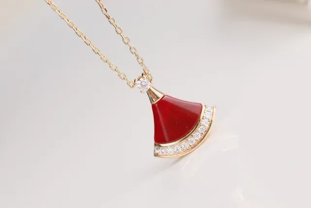 Fan-Shaped Red Enamel and Pavé Stone Pendant Necklace 5