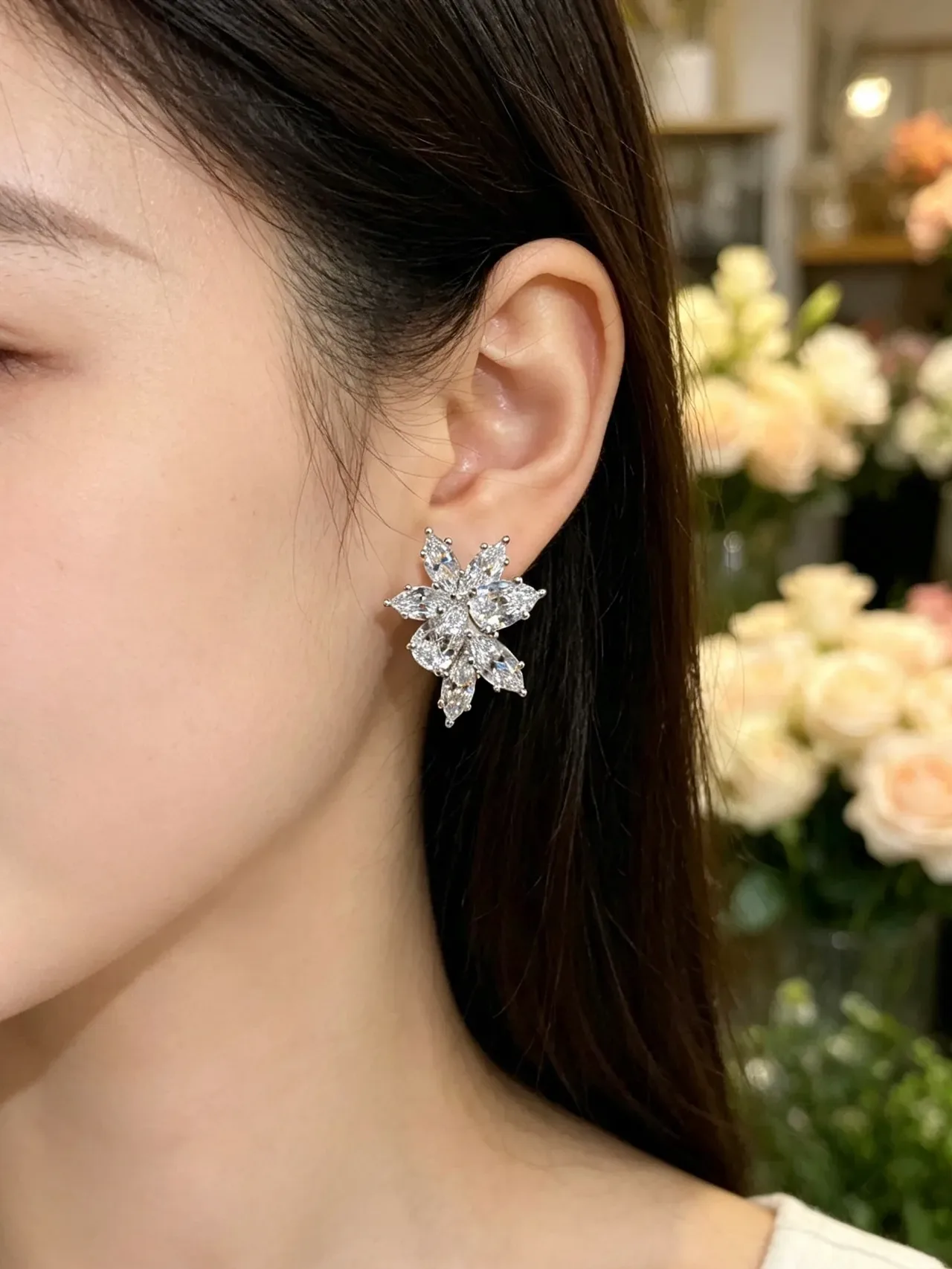 Floral Cluster Marquise-Cut Stone Stud Earrings 9