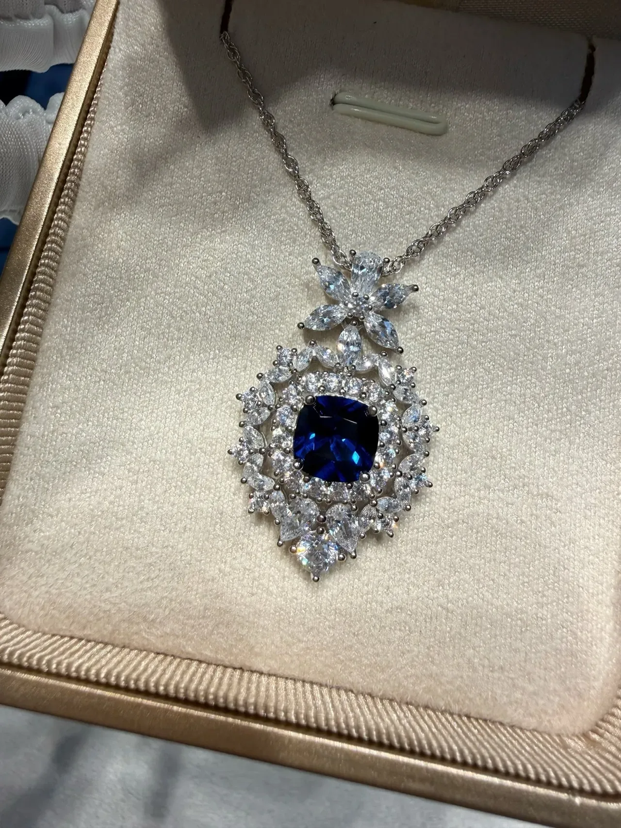Floral Halo Cushion-Cut Blue Gemstone Pendant Necklace 2