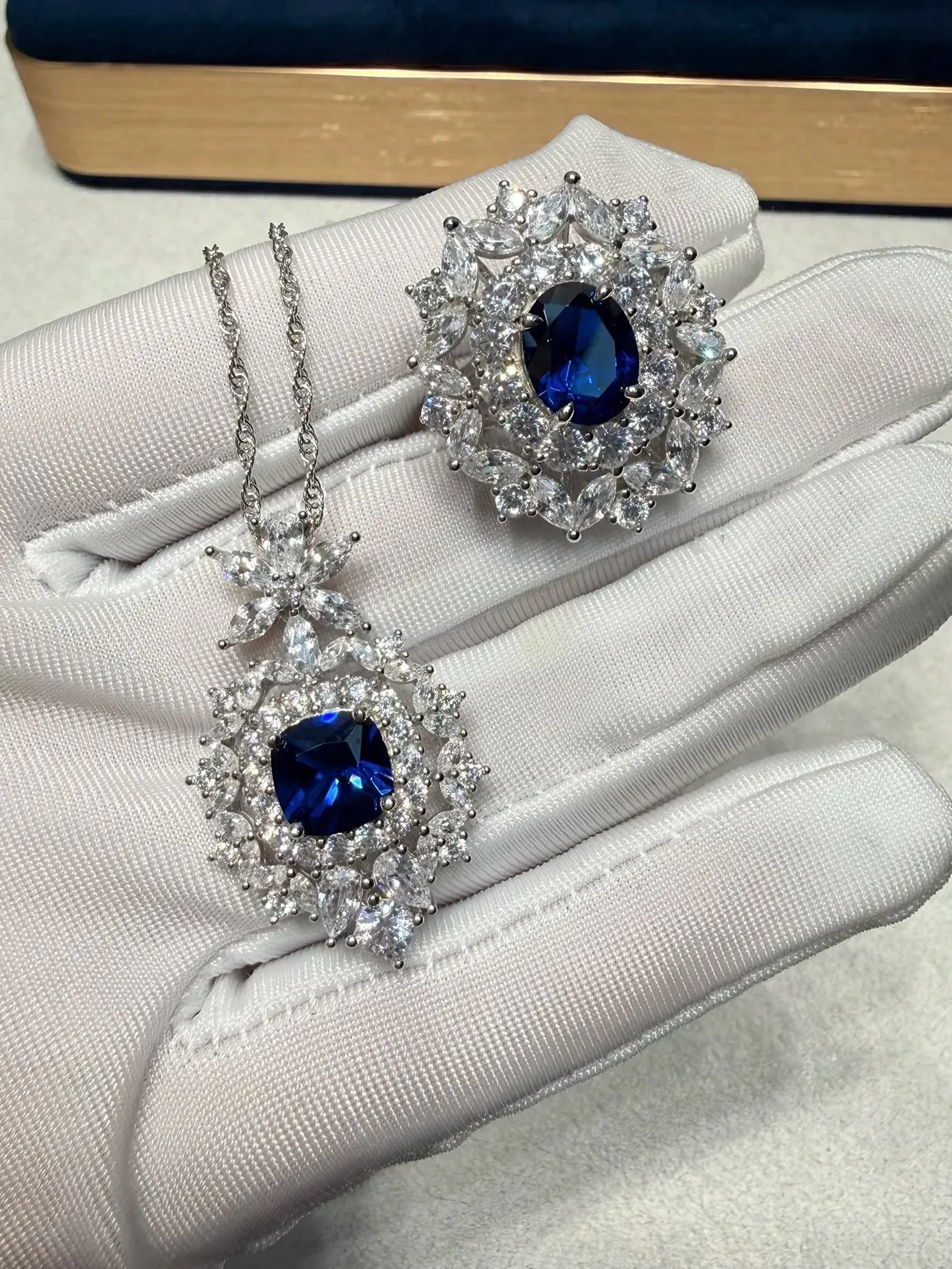 Floral Halo Cushion-Cut Blue Gemstone Pendant Necklace 3