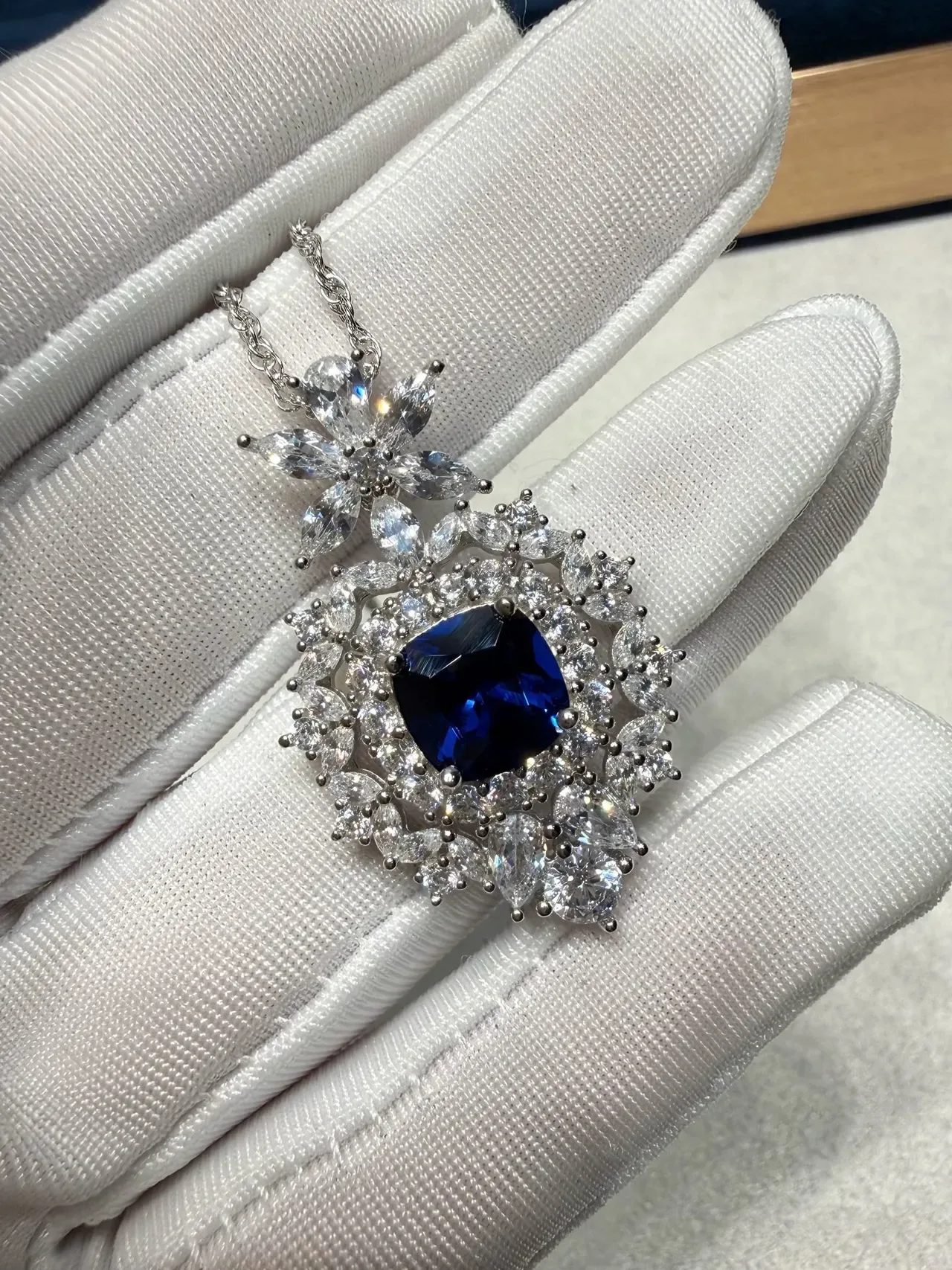 Floral Halo Cushion-Cut Blue Gemstone Pendant Necklace 4