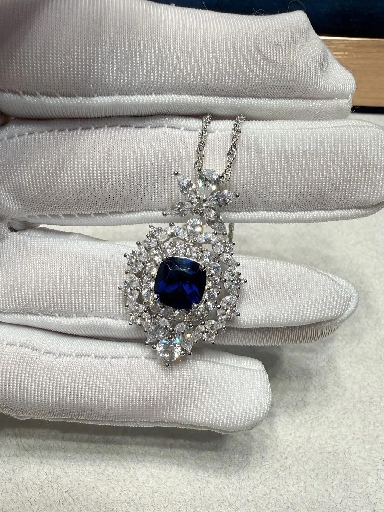Floral Halo Cushion-Cut Blue Gemstone Pendant Necklace 5