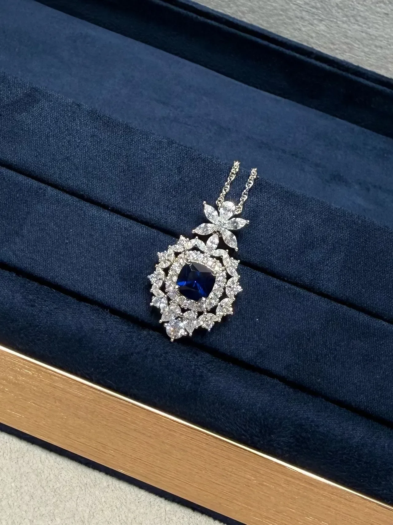 Floral Halo Cushion-Cut Blue Gemstone Pendant Necklace 6