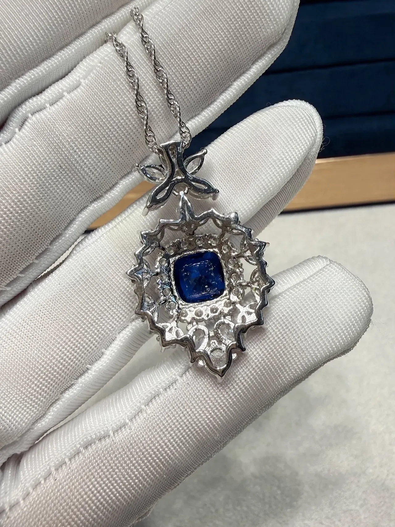Floral Halo Cushion-Cut Blue Gemstone Pendant Necklace 7