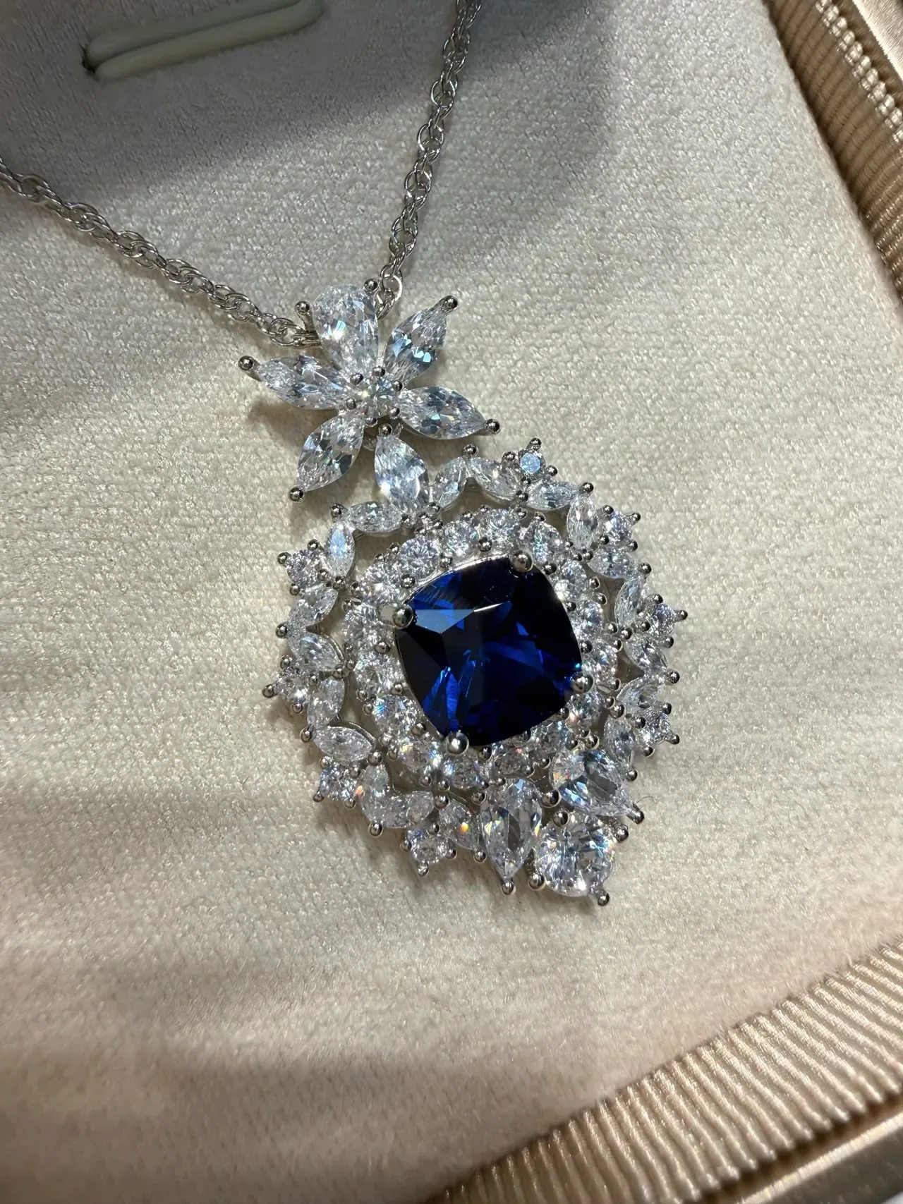 Floral Halo Cushion-Cut Blue Gemstone Pendant Necklace 8