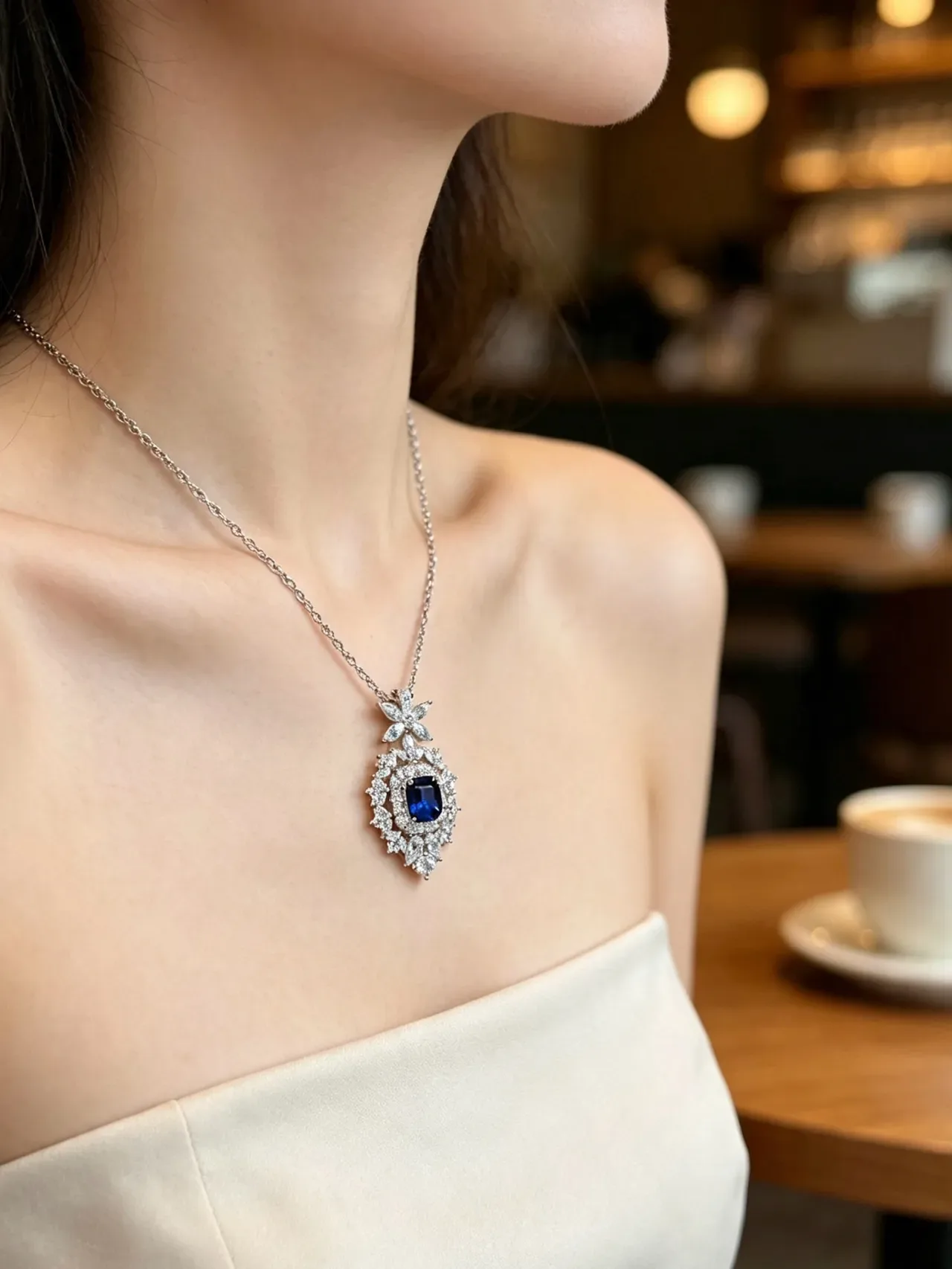 Floral Halo Cushion-Cut Blue Gemstone Pendant Necklace 9
