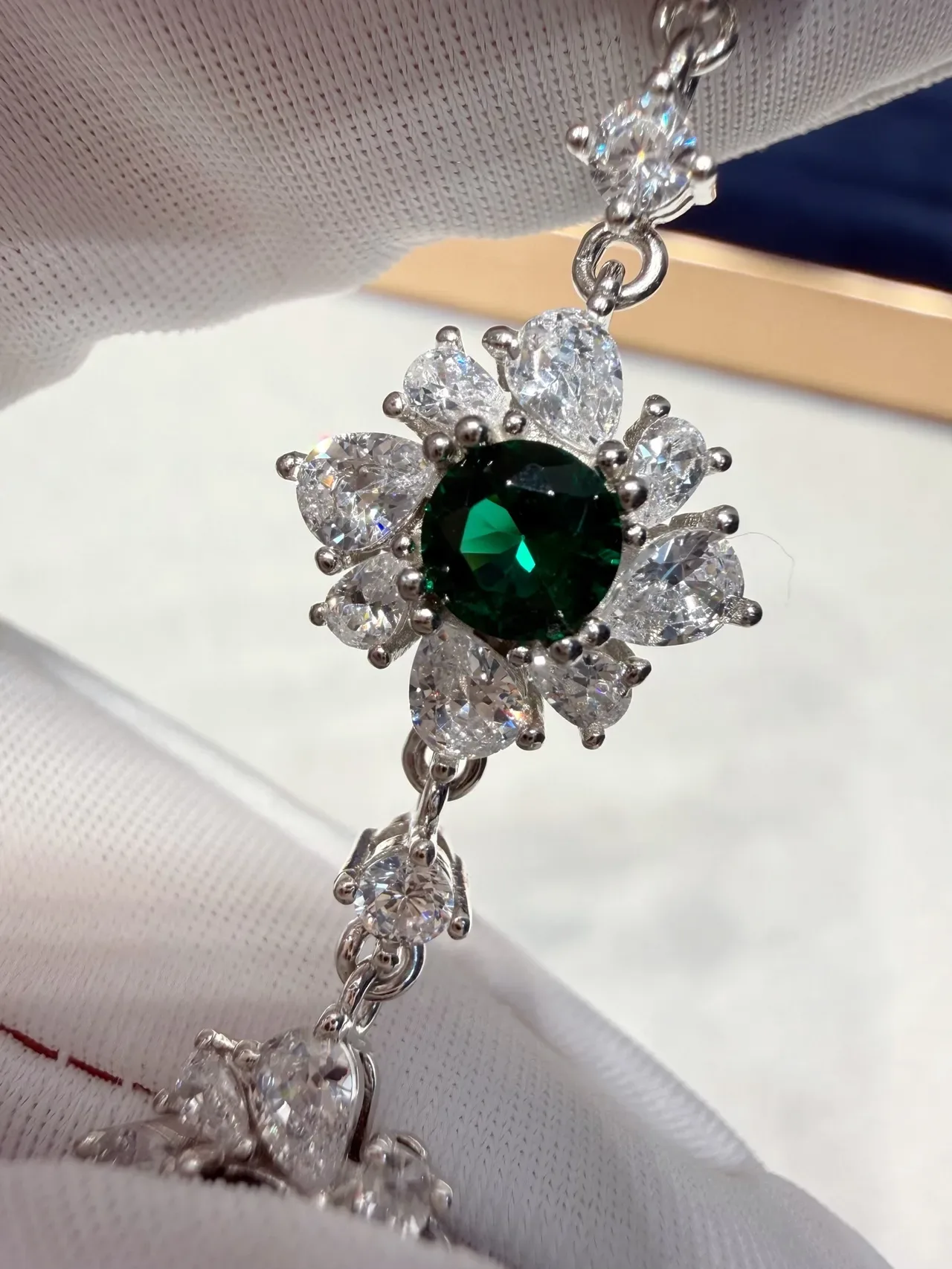 Floral Motif Pave-Set Green and Clear Stone Necklace 2