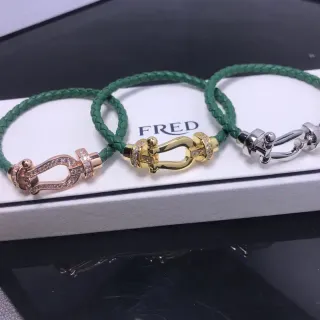 FRED Green Gold Braided Leather Cord Horseshoe-Shaped Clasp Bracelet