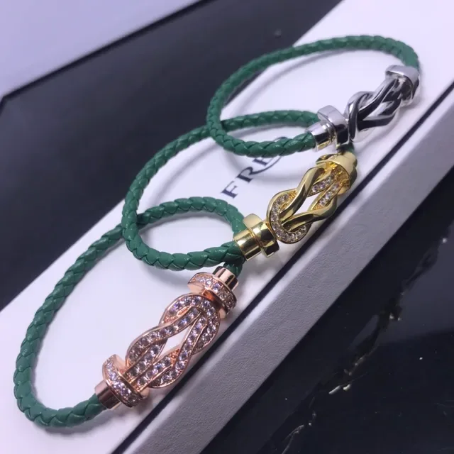 FRED Green Gold Braided Leather Cord Horseshoe-Shaped Clasp Bracelet 6