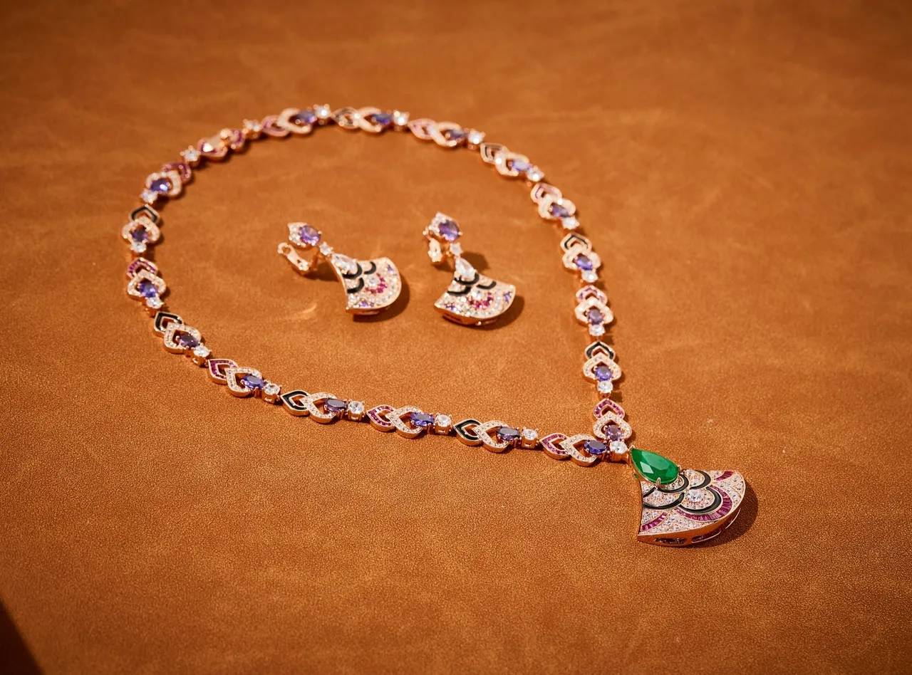 Gemstone-Encrusted Fan Motif Pendant Necklace 4